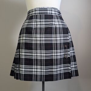 Black White Red Tartan Plaid Pleated Mini Skirt Wrap Safety Pin Collegiate Punk
